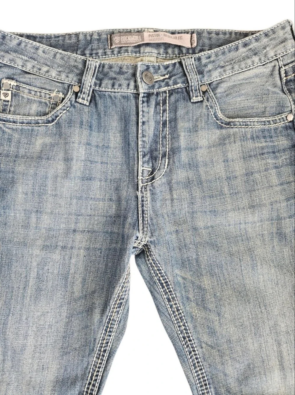 Rock & Roll Denim Men Pistol Bootcut Vtg Wash Ivory Top Stitching Jeans 33x32
